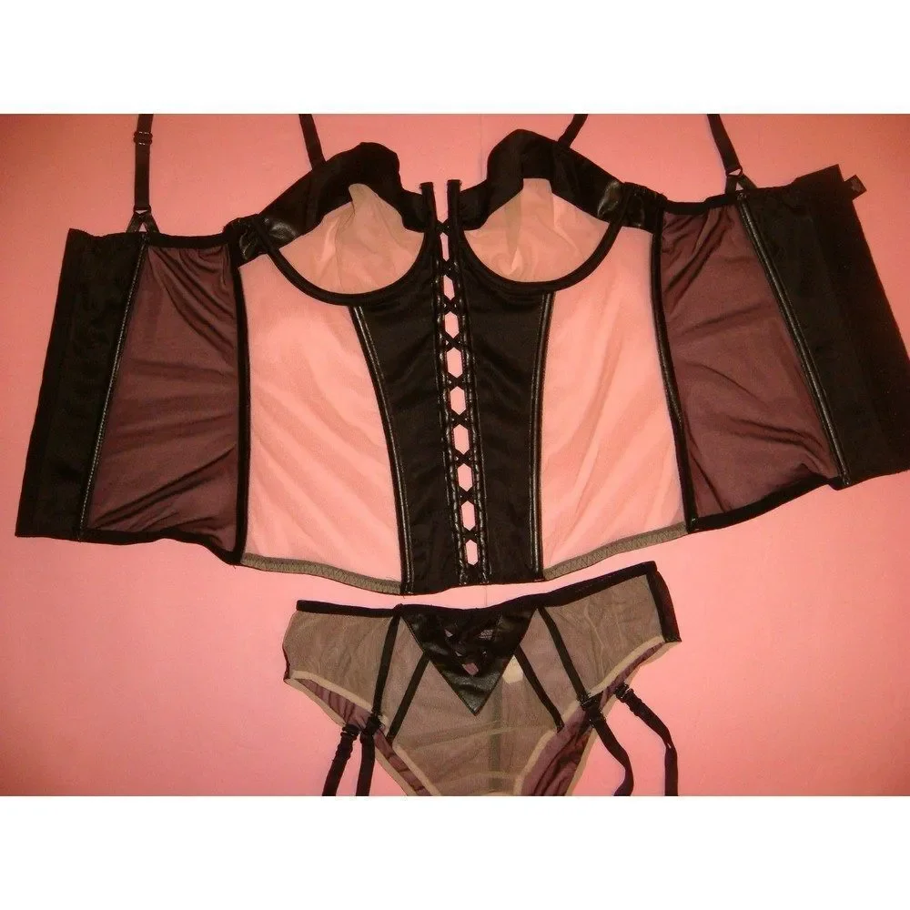 Victoria's Secret unlined 34B BRA SET+CORSET+GARTER panty NUDE Beige Black satin